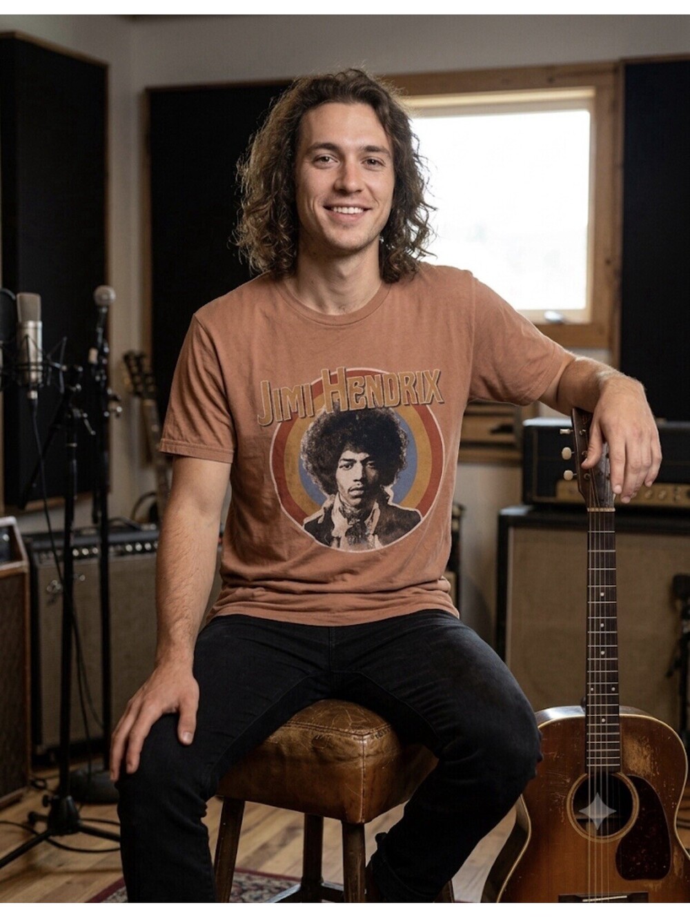 Lucky Brand Jimi Hendrix Graphic Tee Shirt Retro Rainbow Circle Portrait Size L